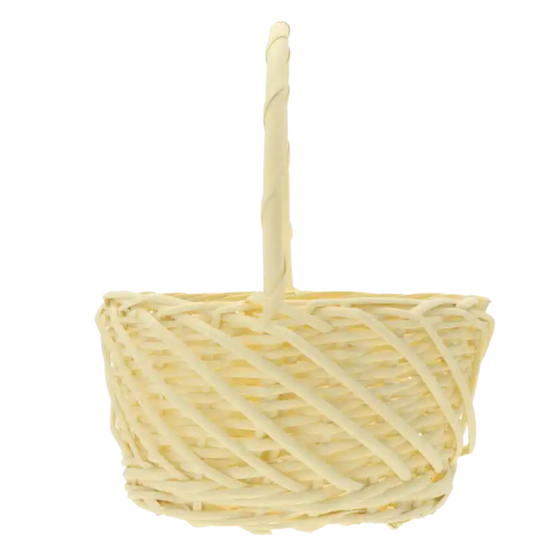 Pusty okrągły kosz wiklinowy w pastelowym żółtym odcieniu o średnicy 25 cm, prezentowany na czystym tle.