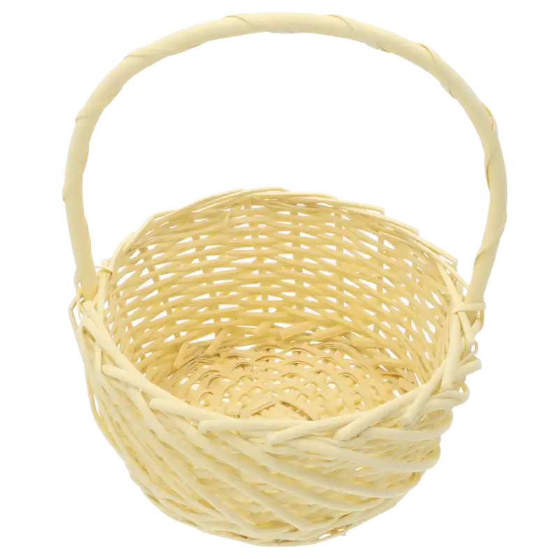 Pojemne wnętrze okrągłego żółtego kosza wiklinowego ⌀ 25 cm, widoczny splot naturalnego materiału.