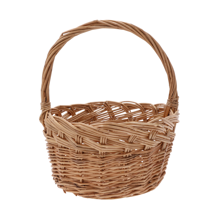 Okrągły kosz wiklinowy ⌀ 20 cm w kolorze naturalnym. Klasyczny koszyk na święconkę w rozmiarze S z wygodną rączką, idealny do świątecznych aranżacji oraz przechowywania drobnych przedmiotów w domu.