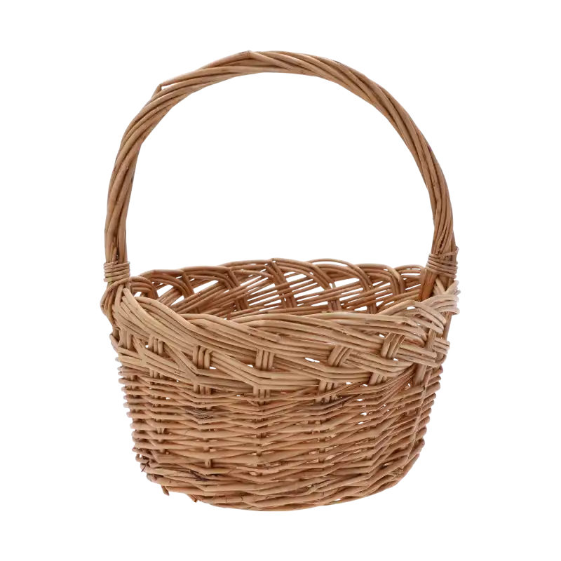 Okrągły kosz wiklinowy ⌀ 20 cm w kolorze naturalnym. Klasyczny koszyk na święconkę w rozmiarze S z wygodną rączką, idealny do świątecznych aranżacji oraz przechowywania drobnych przedmiotów w domu.