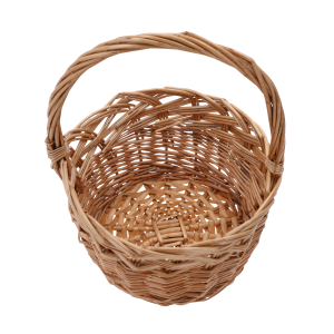 Widok z góry na wnętrze naturalnego kosza wiklinowego. Okrągła forma o średnicy 20 cm ukazuje estetyczny splot plecionki oraz pojemne dno, które sprawdzi się w domowych kompozycjach.