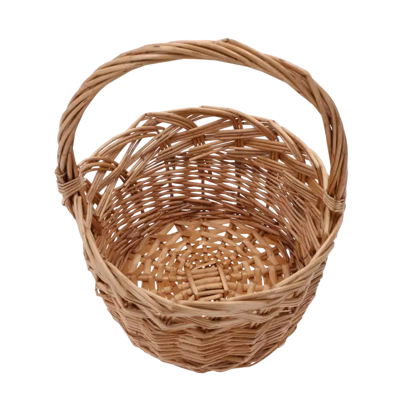 Widok z góry na wnętrze naturalnego kosza wiklinowego. Okrągła forma o średnicy 20 cm ukazuje estetyczny splot plecionki oraz pojemne dno, które sprawdzi się w domowych kompozycjach.