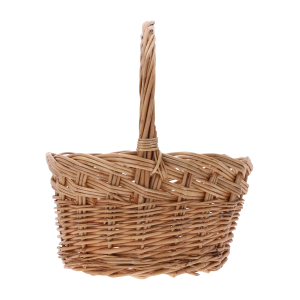 Profilowe ujęcie okrągłego kosza z wikliny. Prezentacja wysokości 22 cm z rączką oraz struktury naturalnego materiału, która dodaje przedmiotowi tradycyjnego, świątecznego charakteru.