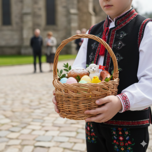 Dziecko w stroju ludowym trzymające naturalny kosz wiklinowy ⌀ 20 cm wypełniony wielkanocną święconką. Ujęcie w plenerze pokazuje praktyczny rozmiar koszyka idealny dla najmłodszych.