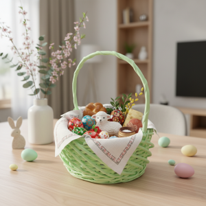 Aranżacja wielkanocna z koszem wiklinowym 25 cm na stole, obok dekoracji i gałązek.