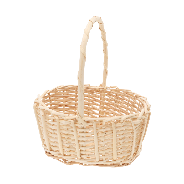 Naturalny owalny koszyk na święconkę o wymiarach 25x20 cm. Klasyczny wiklinowy kosz z wygodną rączką, idealny do przechowywania i dekoracji wnętrz.