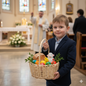 Chłopiec trzymający w dłoniach owalny koszyk wiklinowy z wielkanocnymi ozdobami wewnątrz kościoła.