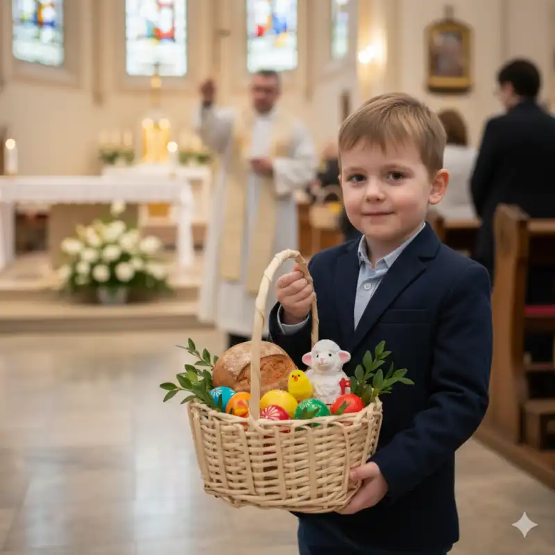 Chłopiec trzymający w dłoniach owalny koszyk wiklinowy z wielkanocnymi ozdobami wewnątrz kościoła.