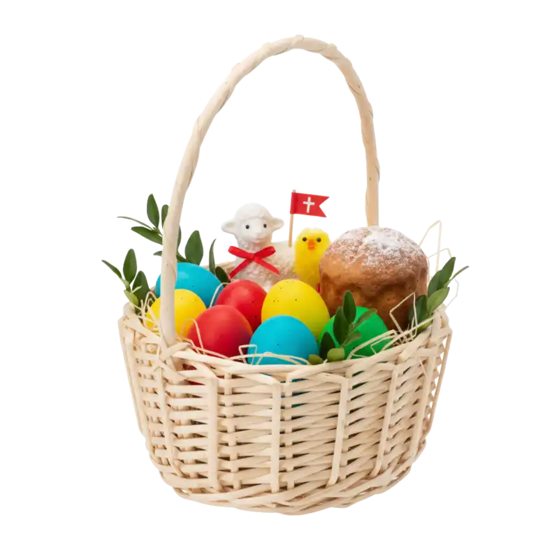 Okrągły kosz wiklinowy ⌀ 22 cm wypełniony wielkanocnymi atrybutami, takimi jak pisanki, baranek i babka wielkanocna.