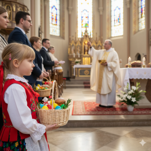 Dziewczynka w stroju ludowym trzymająca kosz wiklinowy ⌀ 22 cm podczas ceremonii święcenia pokarmów w kościele.