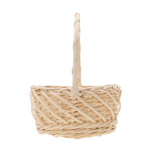 Pusty kosz wiklinowy o średnicy 20 cm widziany z boku. Widoczny splot naturalnej wikliny oraz profil uchwytu ułatwiającego przenoszenie.