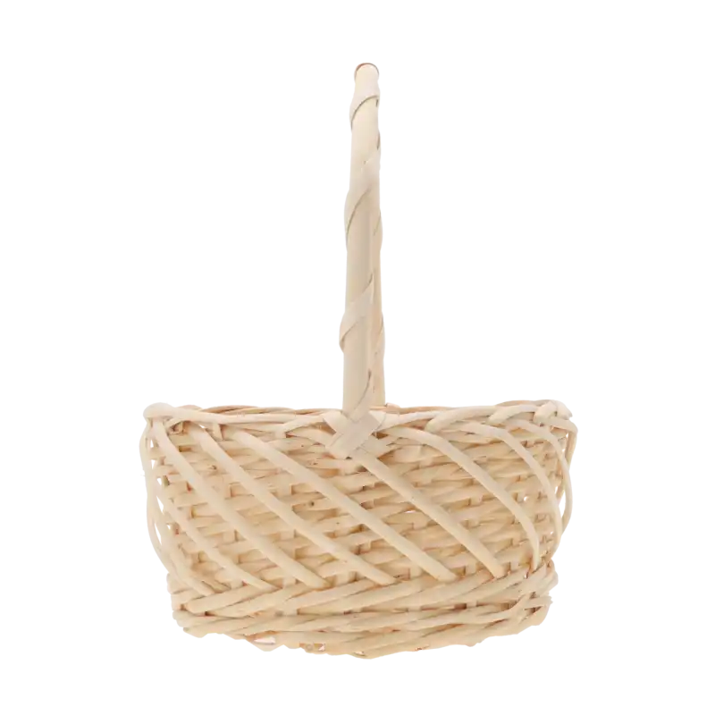 Pusty kosz wiklinowy o średnicy 20 cm widziany z boku. Widoczny splot naturalnej wikliny oraz profil uchwytu ułatwiającego przenoszenie.