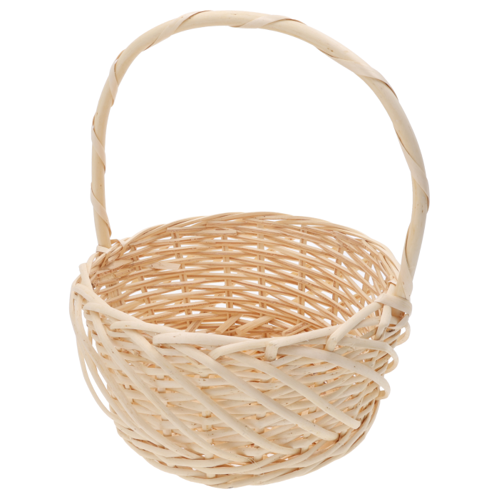 Okrągły kosz wiklinowy 25 cm naturalny, pojemny kosz na wielkanocną święconkę, owoce, słodycze i zestawy prezentowe, lekka i trwała wiklina, idealny do dekoracji florystycznych, dostępny także w sprzedaży hurtowej dla sklepów, hoteli i branży eventowej.