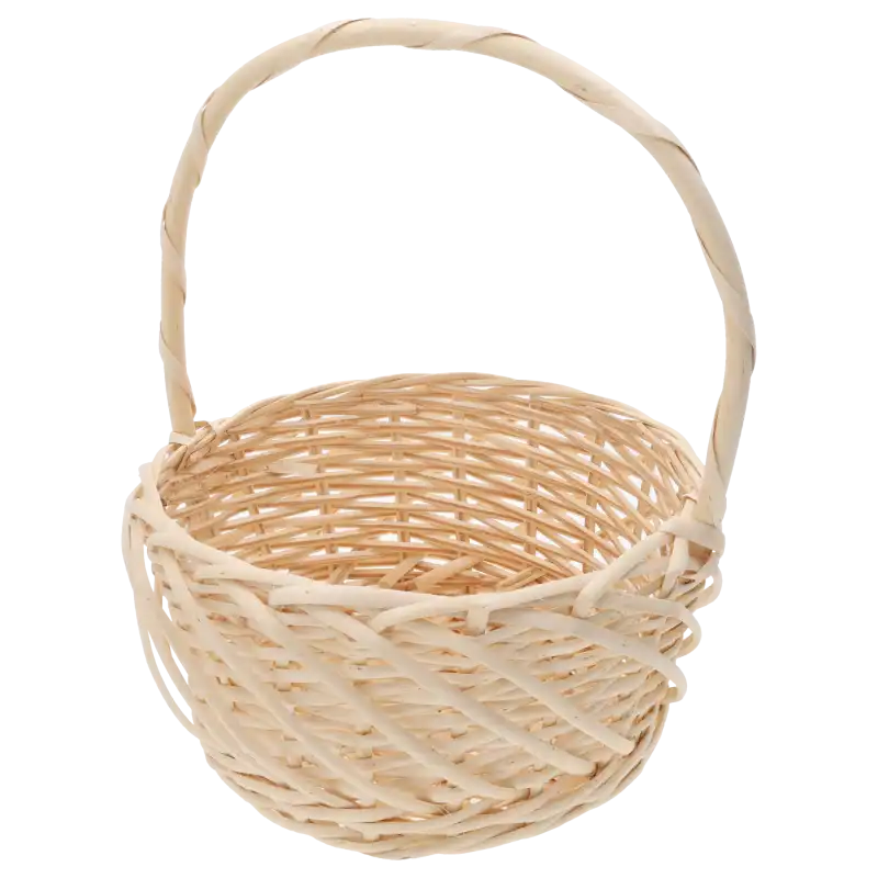 Pusty okrągły kosz wiklinowy o średnicy 25 cm w naturalnym kolorze z wygodną rączką, rozmiar M, widok z góry.