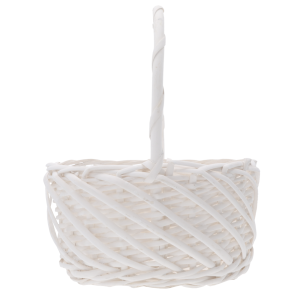 Widok z profilu na biały koszyk wiklinowy ⌀ 25 cm, ukazujący konstrukcję splotu i pionowe ustawienie uchwytu.