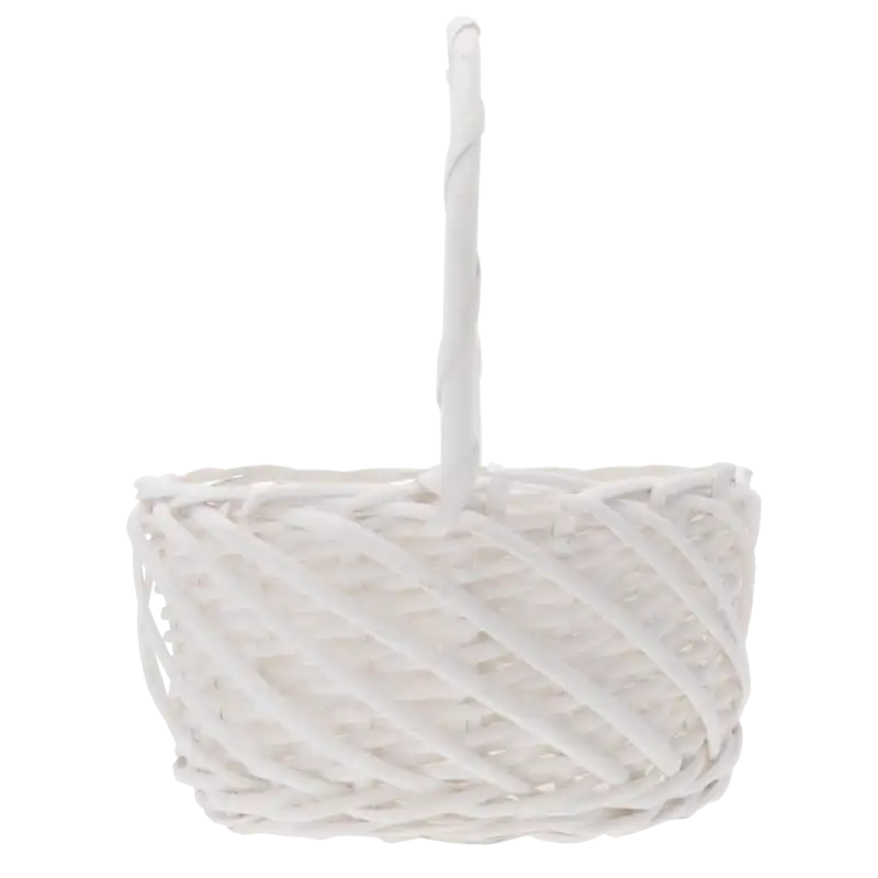 Widok z profilu na biały koszyk wiklinowy ⌀ 25 cm, ukazujący konstrukcję splotu i pionowe ustawienie uchwytu.