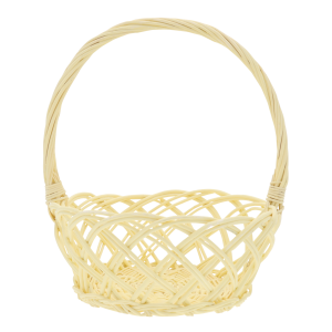 Żółty okrągły kosz wiklinowy ⌀ 22 cm o ażurowym splocie. Klasyczny koszyk na święconkę w rozmiarze M z wygodną rączką, idealny do tradycyjnych aranżacji.