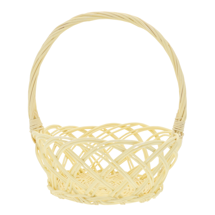 Żółty okrągły kosz wiklinowy ⌀ 22 cm o ażurowym splocie. Klasyczny koszyk na święconkę w rozmiarze M z wygodną rączką, idealny do tradycyjnych aranżacji.