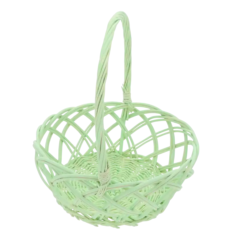 Okrągły kosz z wikliny w kolorze zielonym o średnicy 22 cm, ustawiony pod kątem, ukazujący wygodną rączkę do noszenia.
