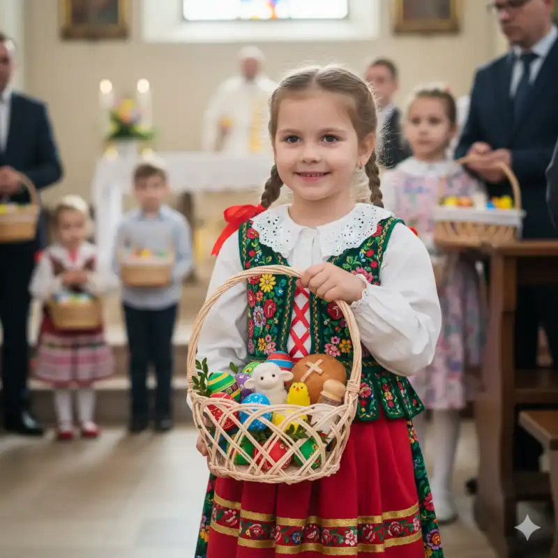 Dziewczynka w stroju ludowym trzymająca łososiowy kosz wiklinowy ⌀ 22 cm wypełniony wielkanocnymi dekoracjami.