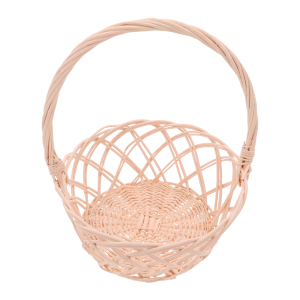 Okrągły ażurowy kosz z naturalnej wikliny o średnicy 22 cm w odcieniu łososiowym, widoczny z profilu.