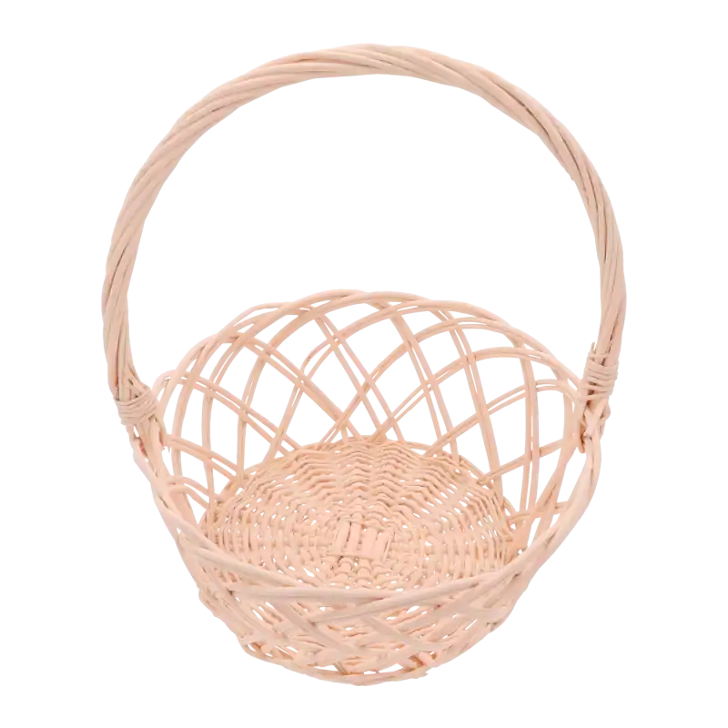 Okrągły ażurowy kosz z naturalnej wikliny o średnicy 22 cm w odcieniu łososiowym, widoczny z profilu.