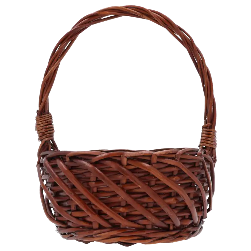 Okrągły brązowy kosz wiklinowy 20x20 cm z wygodną rączką. Naturalna dekoracja idealna jako baza na święconkę lub kwiaty.