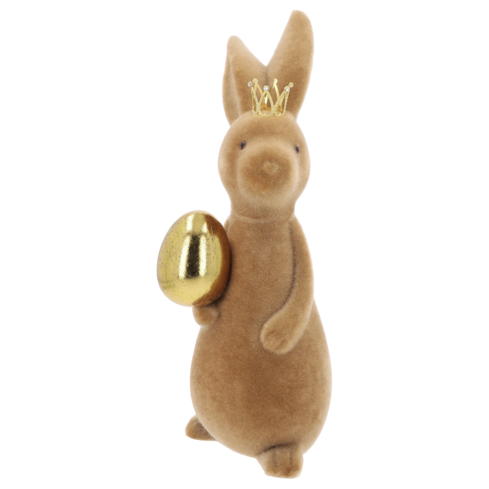 Brązowy flokowany zając z koroną i jajkiem 47 cm, dekoracja wielkanocna XL, elegancka ozdoba stołu i stroików, nowoczesna i luksusowa dekoracja do domu.