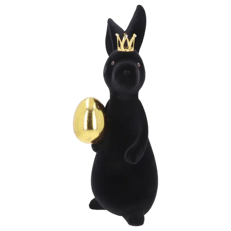 Czarny welurowy zając o wysokości 47 cm z królewską złotą koroną oraz pasującym złotym jajkiem. Elegancka dekoracja wielkanocna.