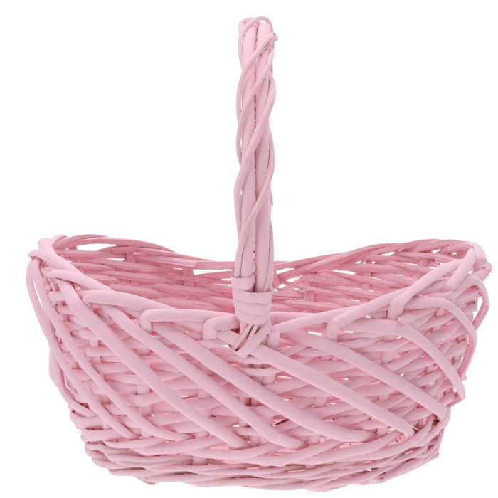 Owalny różowy kosz wiklinowy 27x20x28 cm z wygodną rączką, idealny na wielkanocne koszyki na święconkę i dekoracje wnętrz.