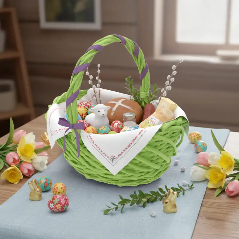 Aranżacja z zielonym koszem wiklinowym na stole, otoczona wiosennymi tulipanami i figurkami króliczków. Klimatyczna dekoracja.