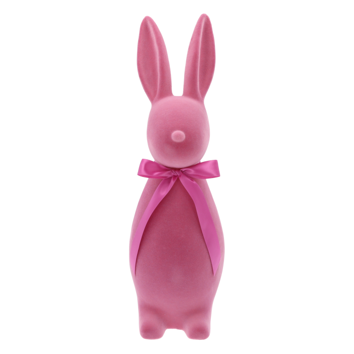 Różowy welurowy zając dekoracyjny 47 cm, modna dekoracja wielkanocna, nowoczesna forma i satynowa kokarda, idealny do stroików i aranżacji wnętrz, artykuł dla florystów, możliwość zakupów hurtowych i detalicznych.