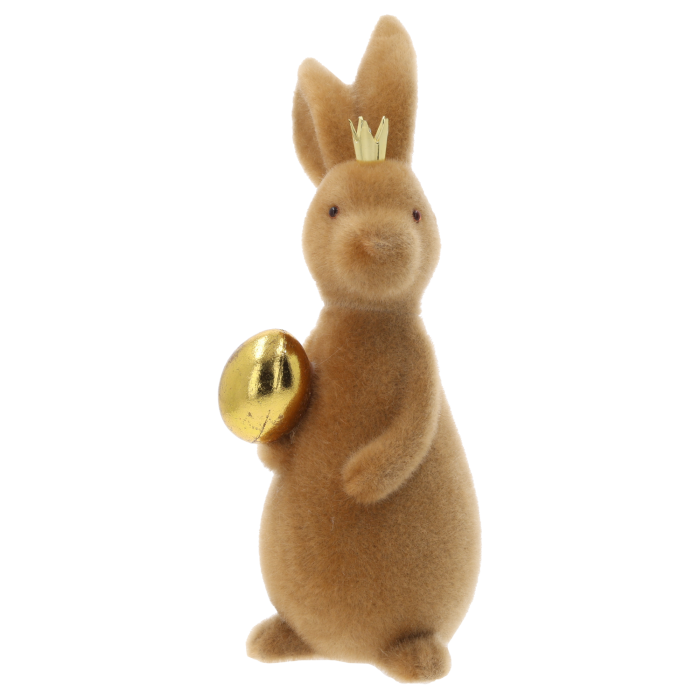 Brązowy flokowany zając 30 cm z królewską złotą koroną i pasującym jajkiem to elegancka dekoracja wielkanocna. Figurka pokryta miękkim materiałem.