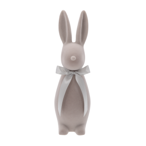 Duży flokowany szary zając 40 cm z elegancką satynową kokardą. Nowoczesna dekoracja wielkanocna o welurowej fakturze, idealna do aranżacji stołu i wnętrz.