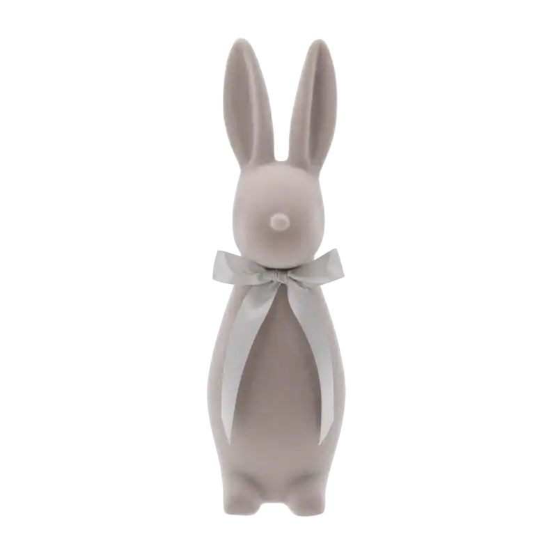 Duży flokowany szary zając 40 cm z elegancką satynową kokardą. Nowoczesna dekoracja wielkanocna o welurowej fakturze, idealna do aranżacji stołu i wnętrz.