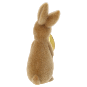 Zbliżenie na tył figurki zająca, ukazujące miękkie wykończenie flokowanej powierzchni oraz zarys sylwetki.