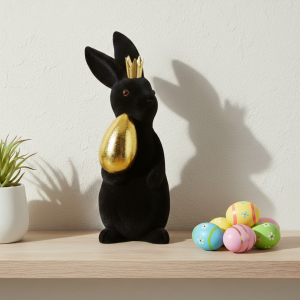Zając welurowy 20 cm w czarnym kolorze na drewnianym blacie, obok kolorowych pisanek. Figurka w złotej koronie z jajkiem prezentuje się stylowo w wiosennej aranżacji wnętrza.
