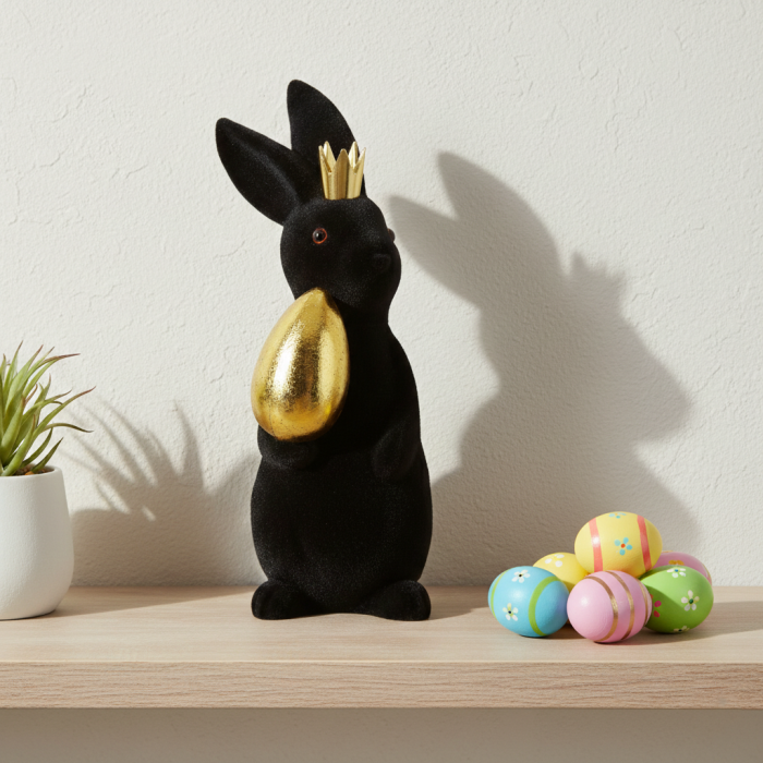 Zając welurowy 20 cm w czarnym kolorze na drewnianym blacie, obok kolorowych pisanek. Figurka w złotej koronie z jajkiem prezentuje się stylowo w wiosennej aranżacji wnętrza.