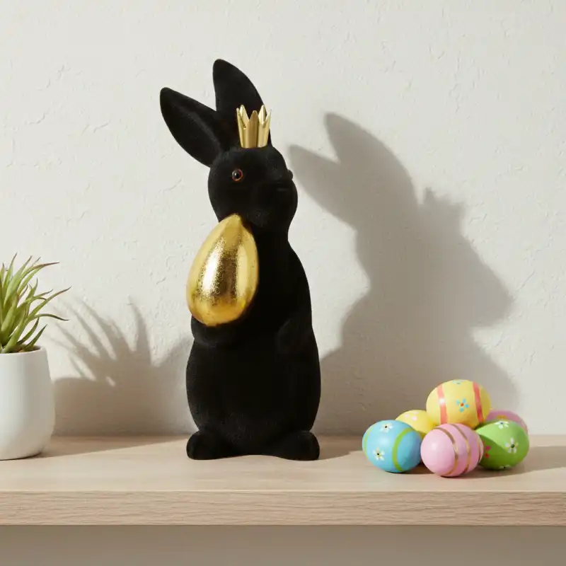 Zając welurowy 20 cm w czarnym kolorze na drewnianym blacie, obok kolorowych pisanek. Figurka w złotej koronie z jajkiem prezentuje się stylowo w wiosennej aranżacji wnętrza.