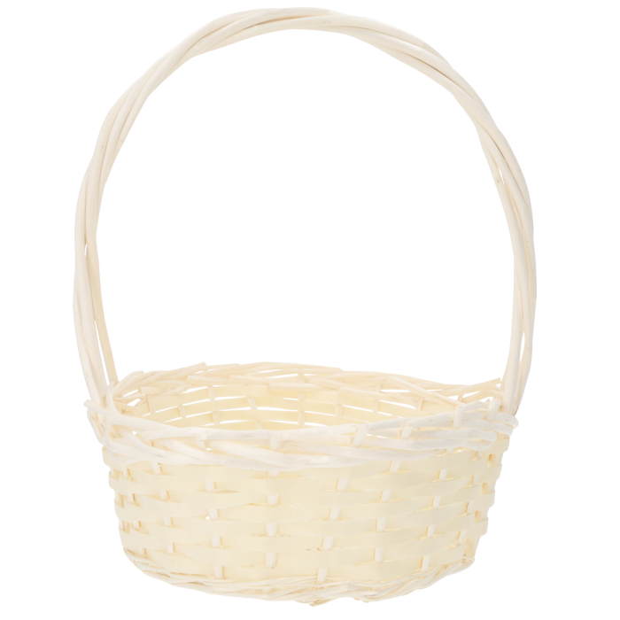 Pojedynczy okrągły kosz wiklinowy z wysokim uchwytem w naturalnym odcieniu. Estetycznie wypleciony produkt, uniwersalny dodatek do wystroju wnętrz.