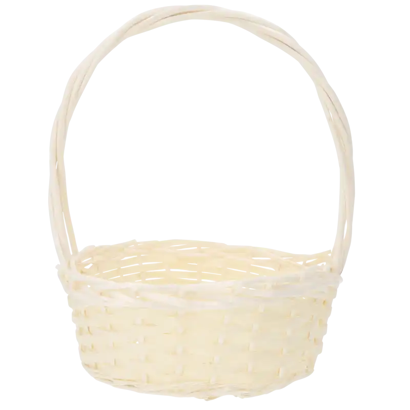 Pojedynczy okrągły kosz wiklinowy z wysokim uchwytem w naturalnym odcieniu. Estetycznie wypleciony produkt, uniwersalny dodatek do wystroju wnętrz.