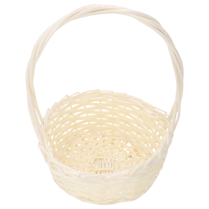 Widok z góry na wnętrze okrągłego kosza wiklinowego o średnicy 30 cm. Naturalna wiklina o regularnym splocie doskonale nadaje się do tworzenia wielkanocnych stroików.