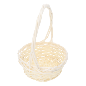 Prezentacja okrągłego kosza wiklinowego ⌀ 25 cm w ujęciu lekko z boku, ukazującym konstrukcję rączki i splotu.
