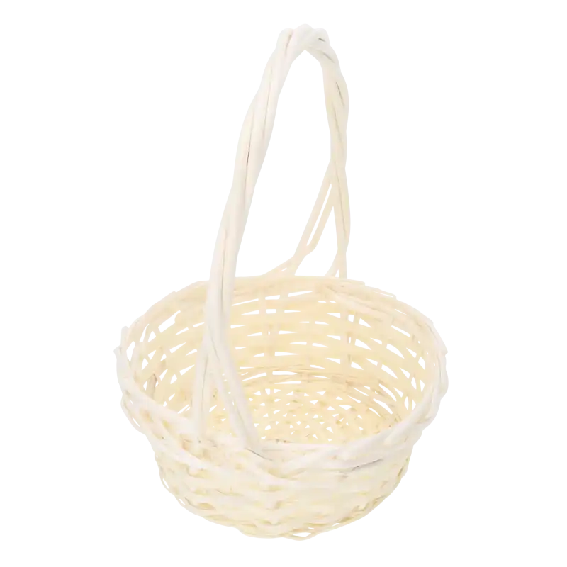 Prezentacja okrągłego kosza wiklinowego ⌀ 25 cm w ujęciu lekko z boku, ukazującym konstrukcję rączki i splotu.