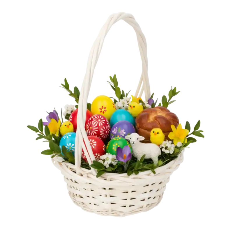Wielkanocna kompozycja w okrągłym koszu wiklinowym ⌀ 25 cm. W środku pisanki, figurka baranka i wiosenne kwiaty.