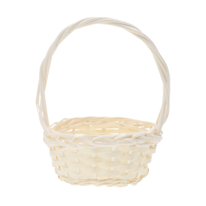Okrągły kosz wiklinowy o średnicy 20 cm w kolorze naturalnym. Klasyczny, lekki koszyk na święconkę z wysokim pałąkiem, doskonały jako baza do dekoracji.