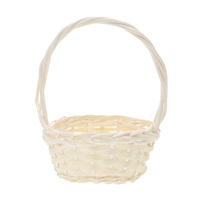 Okrągły kosz wiklinowy o średnicy 20 cm w kolorze naturalnym. Klasyczny, lekki koszyk na święconkę z wysokim pałąkiem, doskonały jako baza do dekoracji.