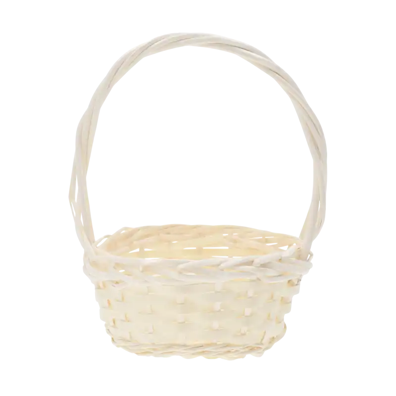Okrągły kosz wiklinowy o średnicy 20 cm w kolorze naturalnym. Klasyczny, lekki koszyk na święconkę z wysokim pałąkiem, doskonały jako baza do dekoracji.