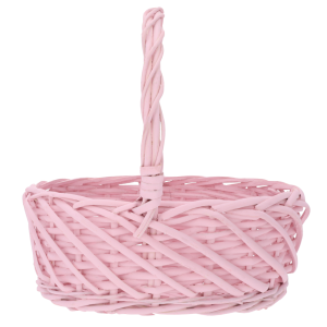 Owalny różowy kosz wiklinowy 25x20x25 cm z wysokim pałąkiem. Estetyczna i pojemna baza na wielkanocne koszyki na święconkę.