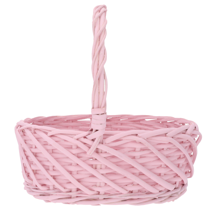Owalny różowy kosz wiklinowy 25x20x25 cm z wysokim pałąkiem. Estetyczna i pojemna baza na wielkanocne koszyki na święconkę.
